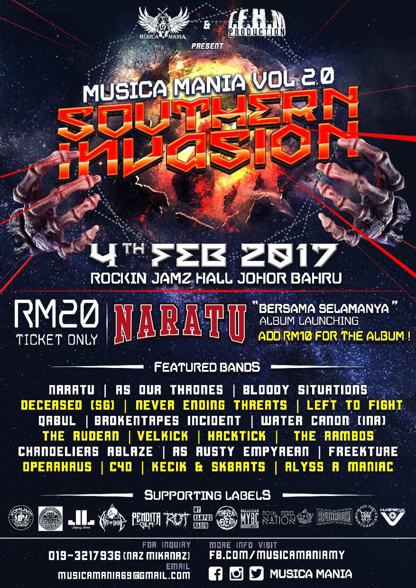 #JOHOR Feb4, 2017 SOUTHERN INVASION 12pm RockinJamzHall, #JB ft. <a href="/naratukd/">Naratu</a> <a href="/AsOurThrone/">AOT</a> <a href="/BloodySituation/">ִֶָ</a> <a href="/LeftToFightHC/">LEFT TO FIGHT</a> <a href="/TheRudean_MY/">TheRudean_MY</a> ++