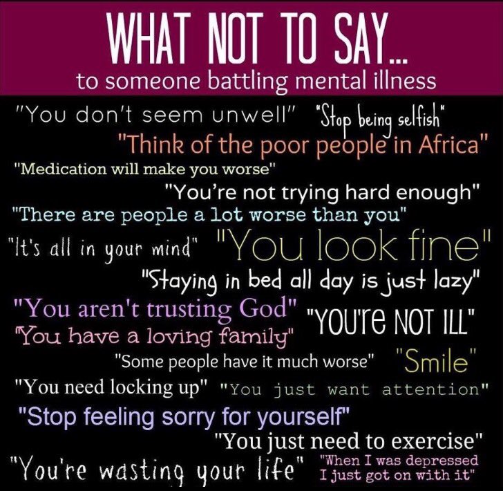 teamnotashamed's tweet photo. What not to say to someone battling mental illness...
#ImNotAshamed #mentalhealth #SickNotWeak https://t.co/jWhvpJa0Ar