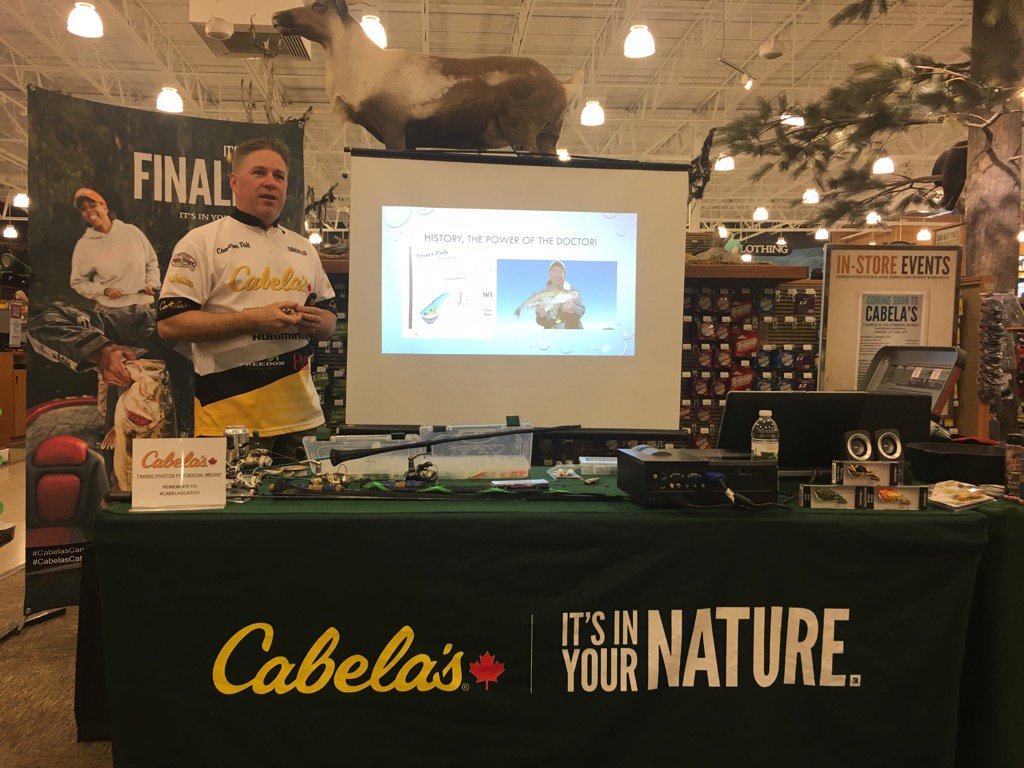 TheCampist's tweet photo. @camerontait92 talking #icefishing for walleye at @cabelascanada in Winnipeg. @gordpyzer @KamookiLures https://t.co/DuRKl9rbh3