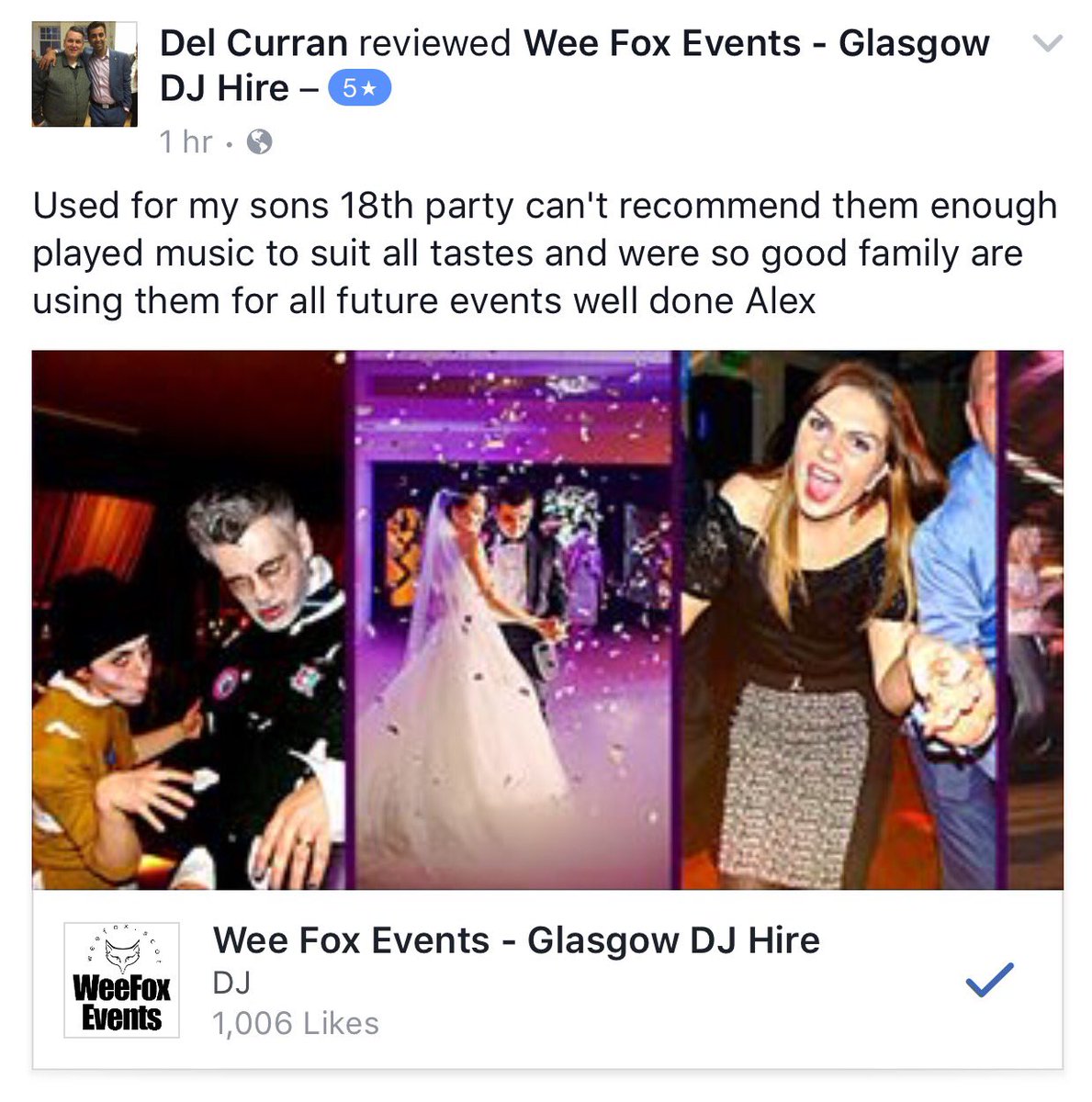 WeeFoxEvents's tweet photo. Another 5 star review of our mobile DJ service. #djhire #glasgow #partydj https://t.co/PvKSPWqc7S