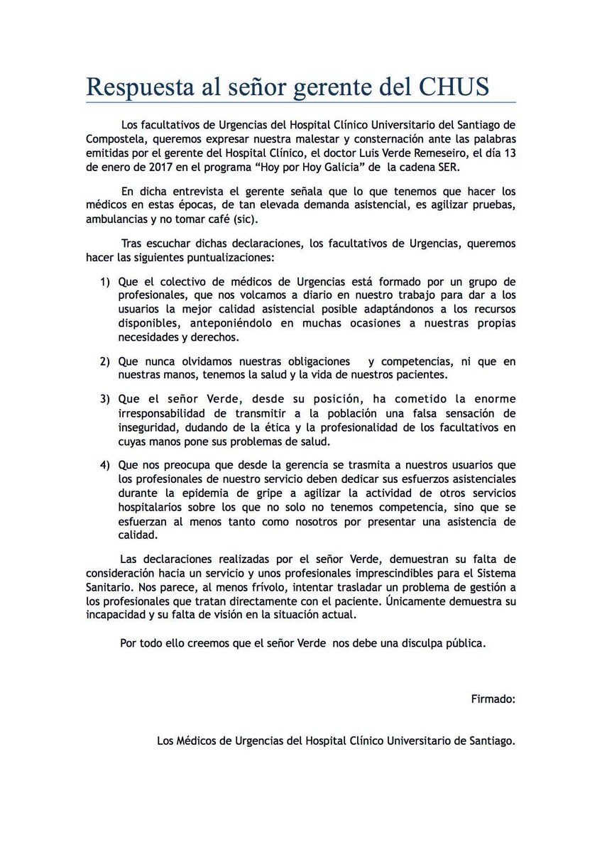 RociolaGD's tweet photo. Carta colectiva de los médicos de urgencias del CHUS https://t.co/zSLaoztNk3