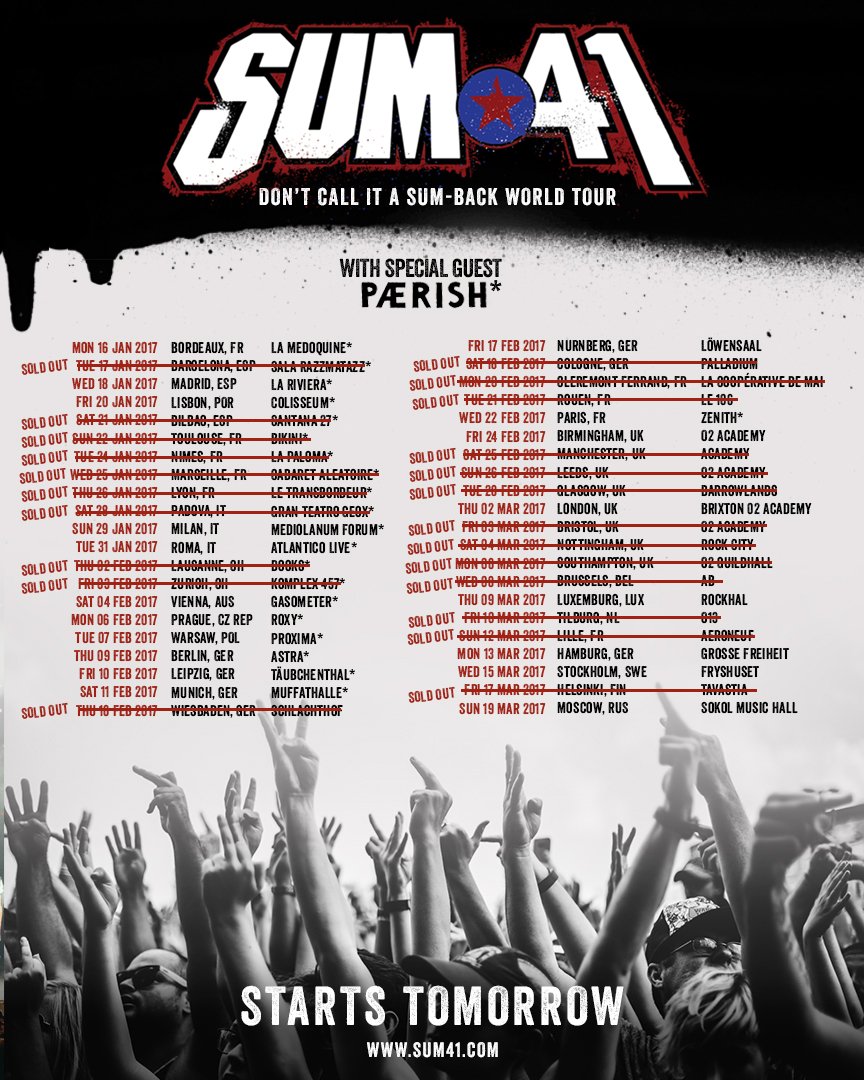Sum41's tweet photo. 'Don't Call It A Sum-Back Tour' kicks off tomorrow in Talence, FR! pick up tickets + #sum41vip for all shows now at https://t.co/hlZvRY3rj4. https://t.co/cYHJl5nHgp