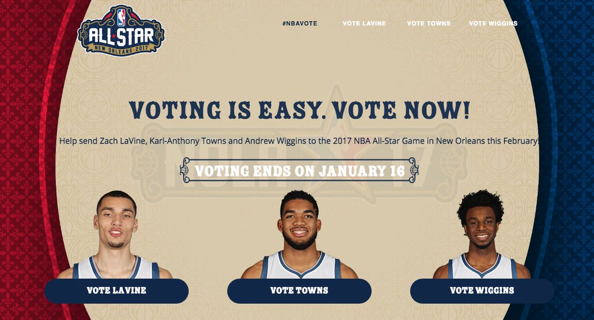 TargetCenterMN's tweet photo. NBA All Star voting ends tomorrow! RT to vote for Karl-Anthony Towns, Zach Lavine &amp; Andrew Wiggins! #NBAVote https://t.co/p0d0zXh2Io https://t.co/KqibXfXAT1