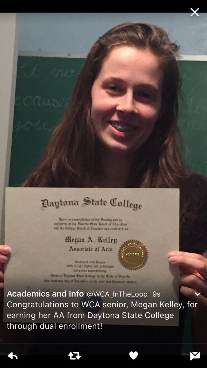 WCA_InTheLoop's tweet photo. Congratulations to WCA senior, Megan Kelley, for earning her Honors AA from Daytona State College through dual enrollment! https://t.co/35kvX9xYpY