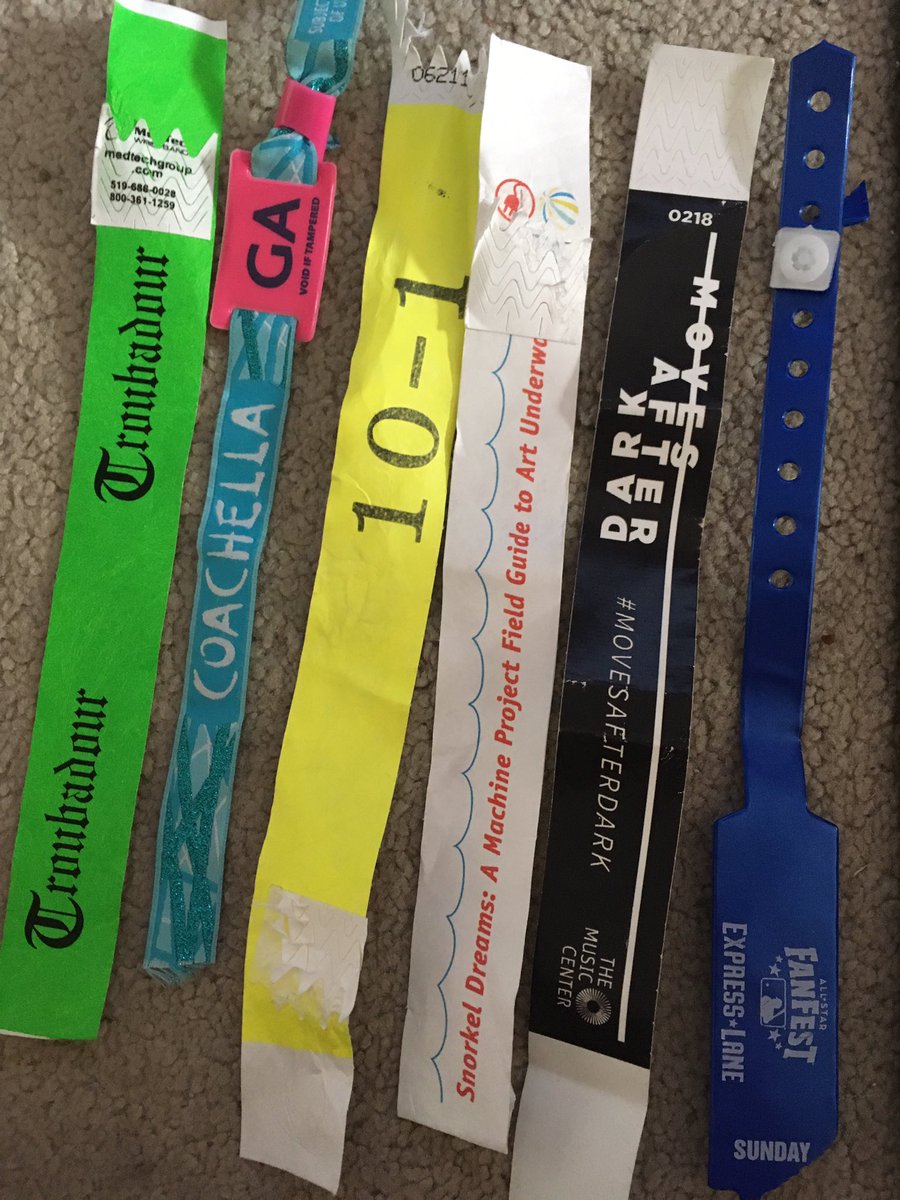 OLCVTA's tweet photo. Wristbands! @coachella, @JohnMorelandOK, @machineproject, @MusicCenterLA & @MLB! #2016yearinreview #noideawhattheyellowoneisfrom https://t.co/c2NNldktkc