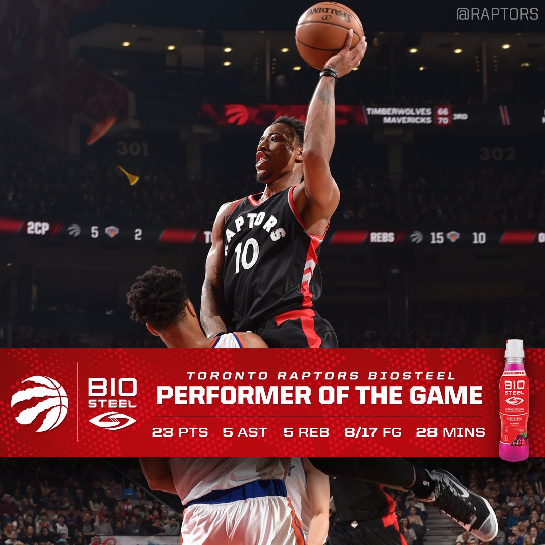 28 mins was enough for DeMar DeRozan to impose his will on NYK. He is your <a href="/BioSteelSports/">BioSteel</a> Performer of the Game. #NBAVOTE