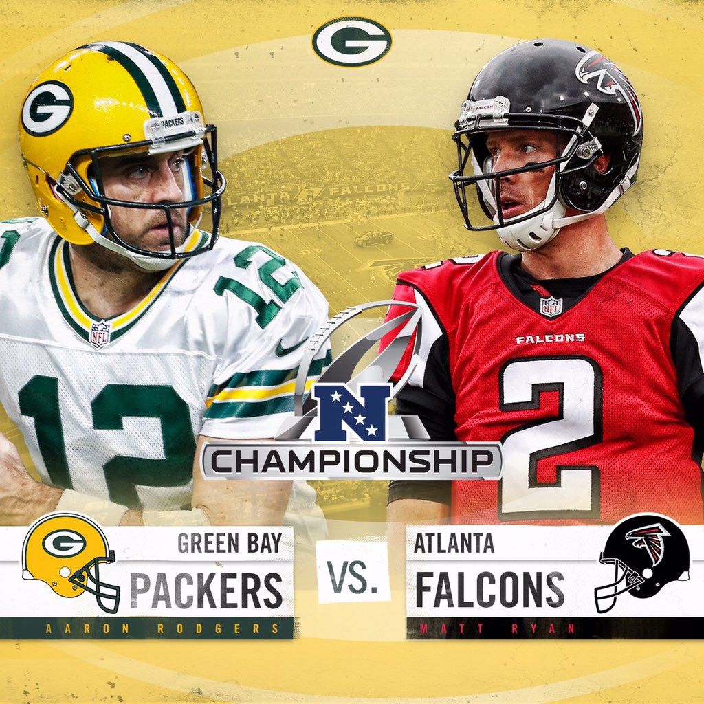 Next Sunday: Packers-Falcons with a trip to the #SuperBowl on the line!   #GBvsATL #GoPackGo https://t.co/kSAy0oOiUa