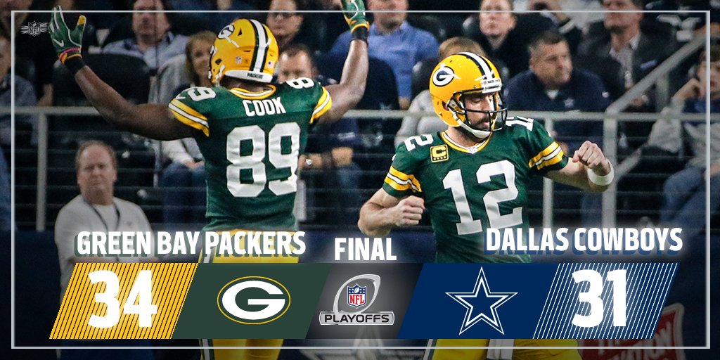 NFLUKIRE's tweet photo. FINAL: WHAT. A. GAME.

The @packers are going to the NFC Championship game!

Unbelievable!

#GBvsDAL 
#NFLPlayoffs 
#GoPackGo https://t.co/vQwejTN7Ma