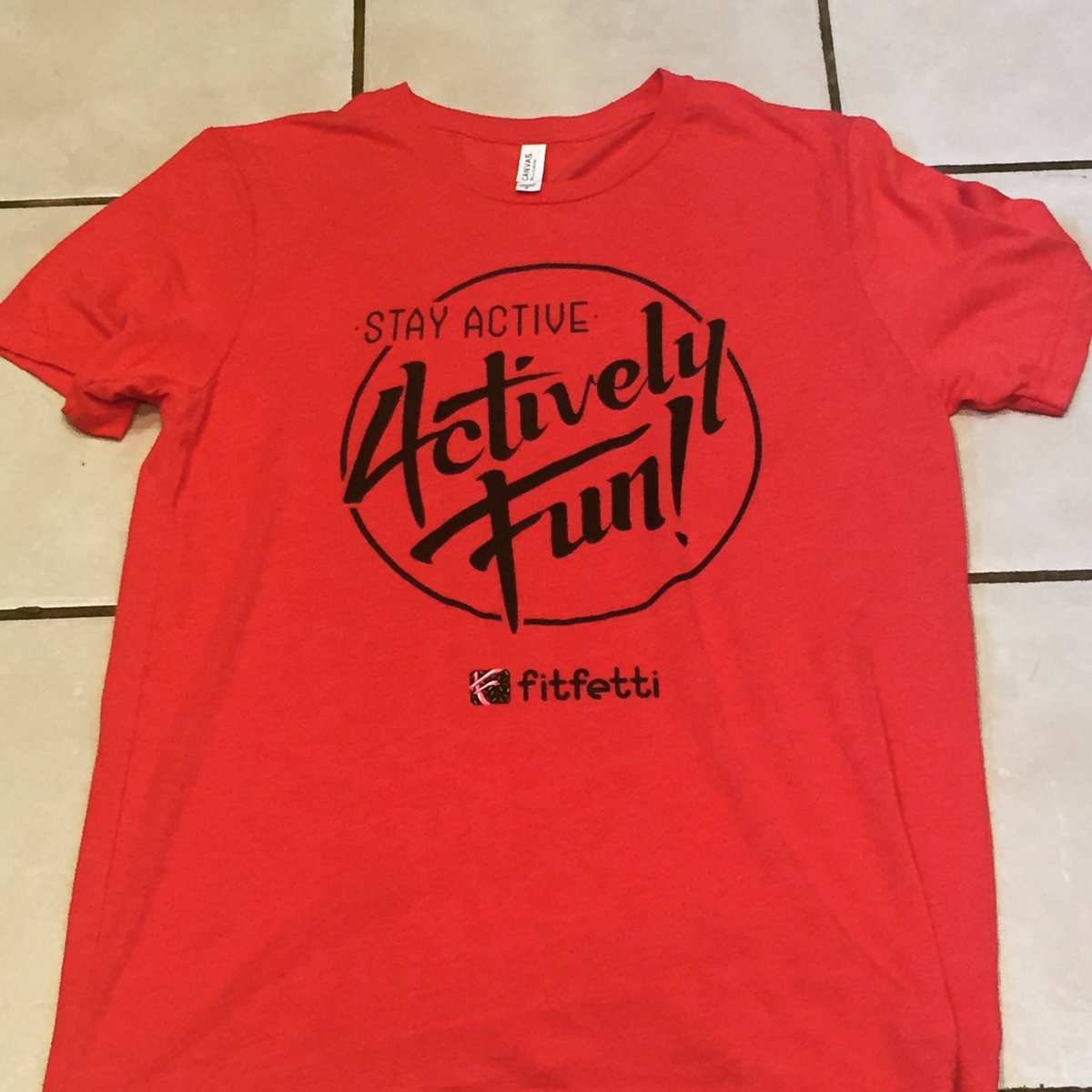 FitfettiShop's tweet photo. 1st run of fresh new "Actively Fun" t-shirts available now at https://t.co/wkZX5t2cm9 #fitfetti #activelyfun #tshirtdesign #fitlife #sosoft https://t.co/KW75afsqMs