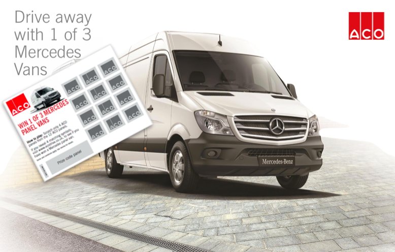 ACOWater's tweet image. #Merchants - make sure you have ordered your stock of ACO RainDrain B 125 now for your customers chance to #WIN a #Mercedes #Van #Drains