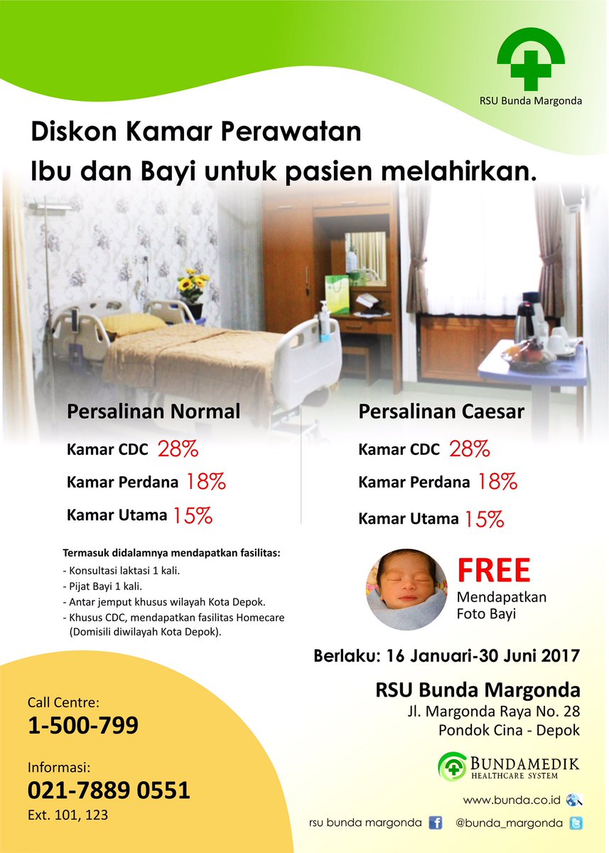 <a href="/bunda_margonda/">RSU Bunda Margonda</a> memberikan promo diskon kamar perawatan bagi pasien melahirkan.. manfaatkan segera promo ini, info:021-78890551 Ext:101/123
