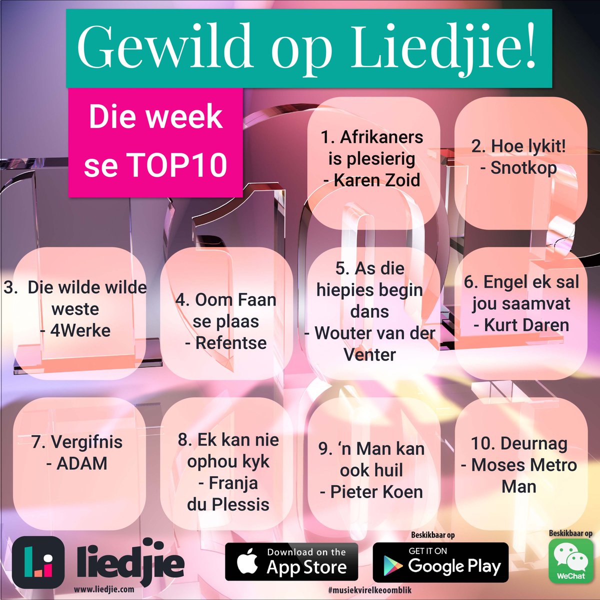 So lyk hierdie week se 10 gewildste liedjies op Liedjie!
Luister hier: liedjie.com/Top10
#MusiekVirElkeOomblik