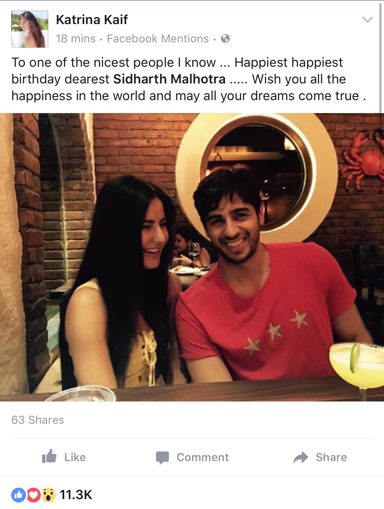 Katrina Kaif wishes Sidharth Malhotra Happy Birthday on Facebook- 