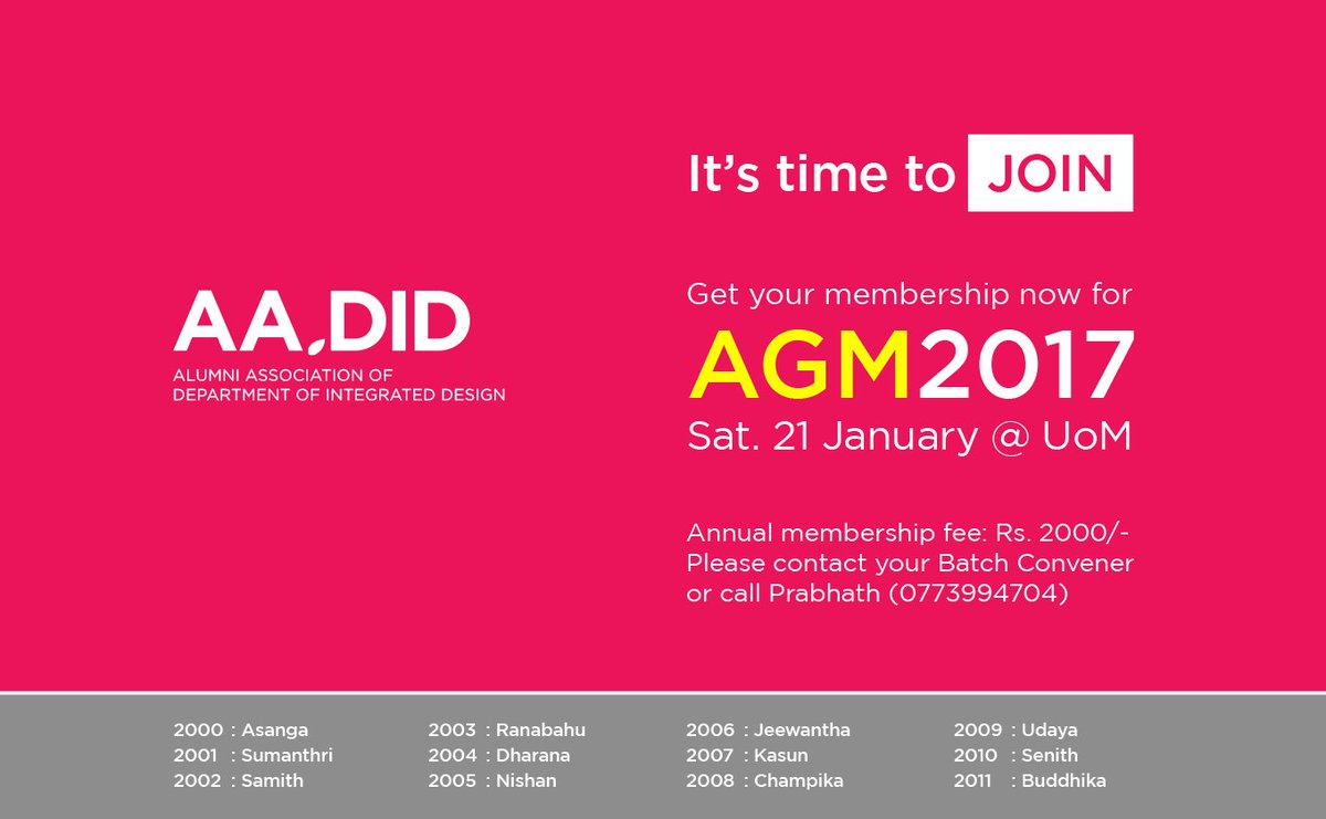 Alumini Association of Department of Integrated Design 
AGM 2017 will be on Sat 21 <a href="/UoM/">uom</a>. Get your Membership!!!