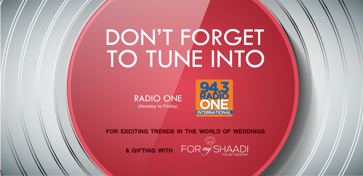 ForMyShaadi's tweet photo. #DoNotForget #ForMyShaadi is on @943RadioOne on #WeekDays 8am- 10am 6pm - 8pm Know more about exciting trends on #Weddings & #Gifting https://t.co/jG44B009s6