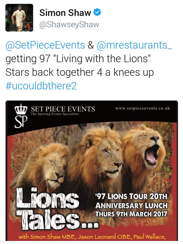 simonshawrugbyG's tweet photo. @SetPieceEvents❤ @mrestaurants_❤ @ShawseyShaw🏉🏉🐷👅👅👅👅 #ucouldbthere2 #97LIONSTOUR20THANNIVERSARYLUNCH #AWESOOOOME #GRRRRHHHH #rugbyfamily❤👅 https://t.co/QhXG0XVl7h