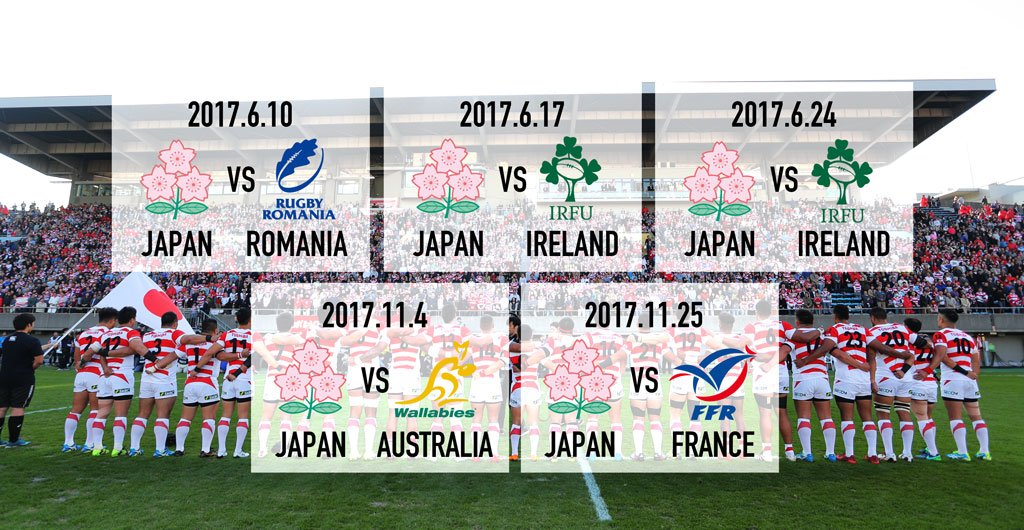 日本ラグビーフットボール協会 日本代表 17年テストマッチ 6 10 土 ルーマニア代表戦 6 17 土 アイルランド代表戦 6 24 土 アイルランド代表戦 11 4 土 オーストラリア代表戦 11 25 土 フランス代表戦 フランス代表戦のみアウェイ