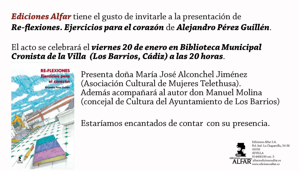 Y continuamos con las presentaciones de RE-FLEXIONES de <a href="/aperezguillen/">Alejandro Pérez G.</a> 20 enero Biblioteca Cronista de la Villa <a href="/LosBARRIOS_/">Los BARRIOS info</a> Cádiz) 20 h.