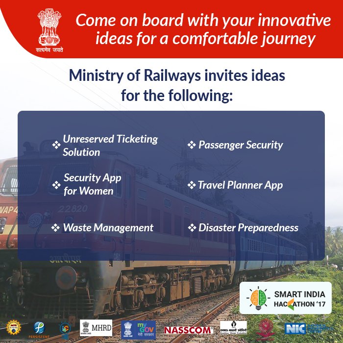 . <a href="/RailMinIndia/">Ministry of Railways</a> invites innovative ideas for a comfortable journey.Participate in #SmartIndiaHackathon2017 now- innovate.mygov.in/challenges?s&c…