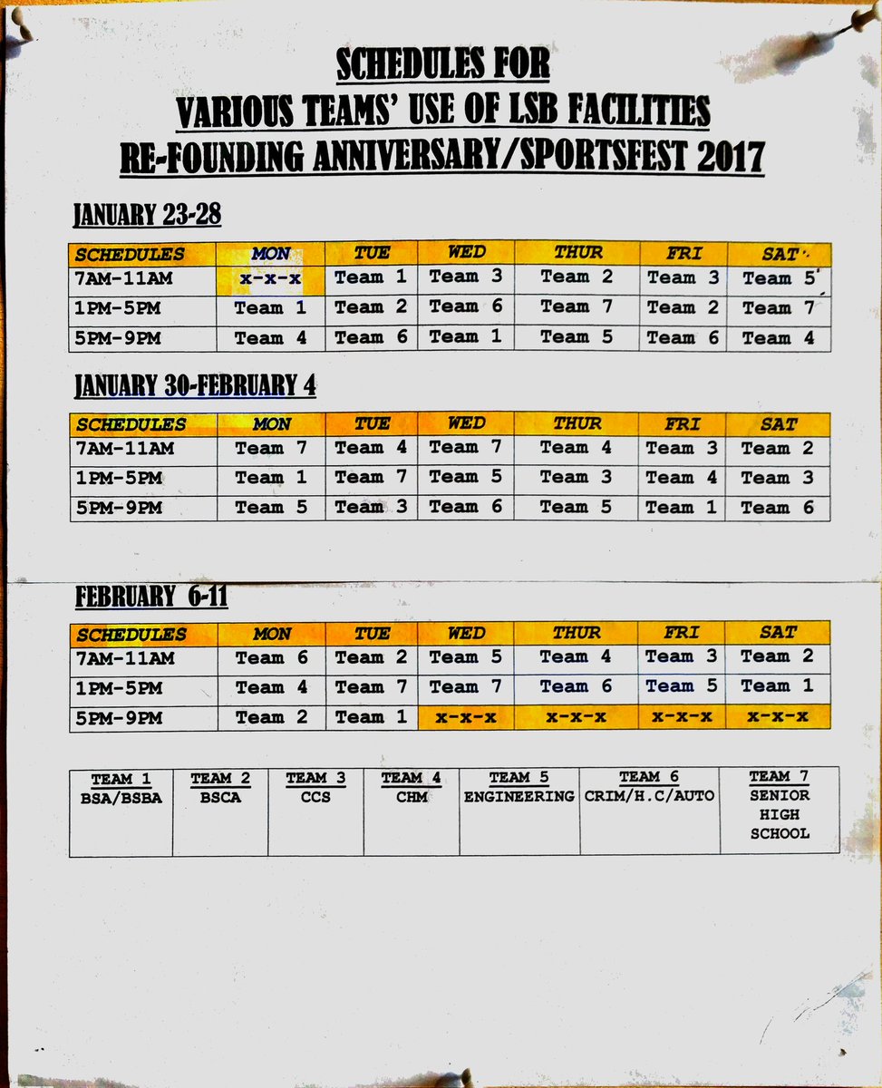 LSBSUSC's tweet photo. New schedule for Sportsfest &amp; Foundation Week of LSB 😉🏀🏁🎱🏃🏆 
#lyceans #teampating https://t.co/Fd711AAKkC
