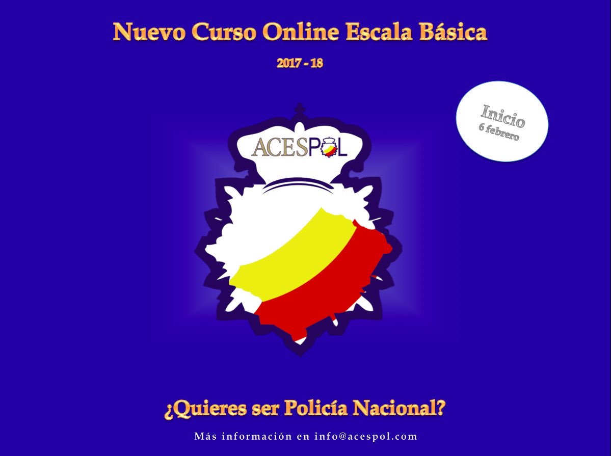 acespol's tweet photo. ¡Sorteamos una plaza, entre todos los RT, de nuestro nuevo Curso Online Escala Básica 2017-18! Inicio 6 febrero 2017. +Info:info@acespol.com https://t.co/caF46TYS1i