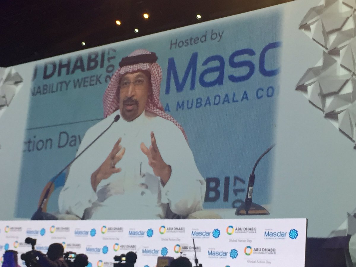 EUGCC_cleanergy's tweet photo. The Minister of #Energy of # KSA says that all of us need to develop together that pathways to sustainability #ADSW2017 #WFES2017 #WFES https://t.co/ZZZdkwr338
