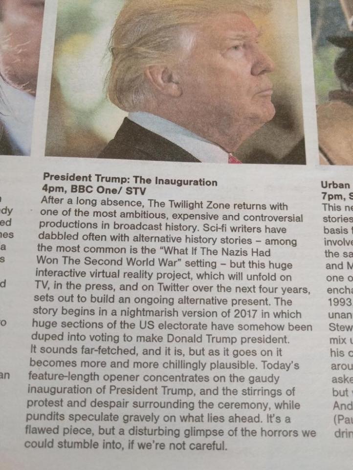 This is brilliant. From the #SundayHerald TV guide - a preview of this week's #Trump #Inauguration