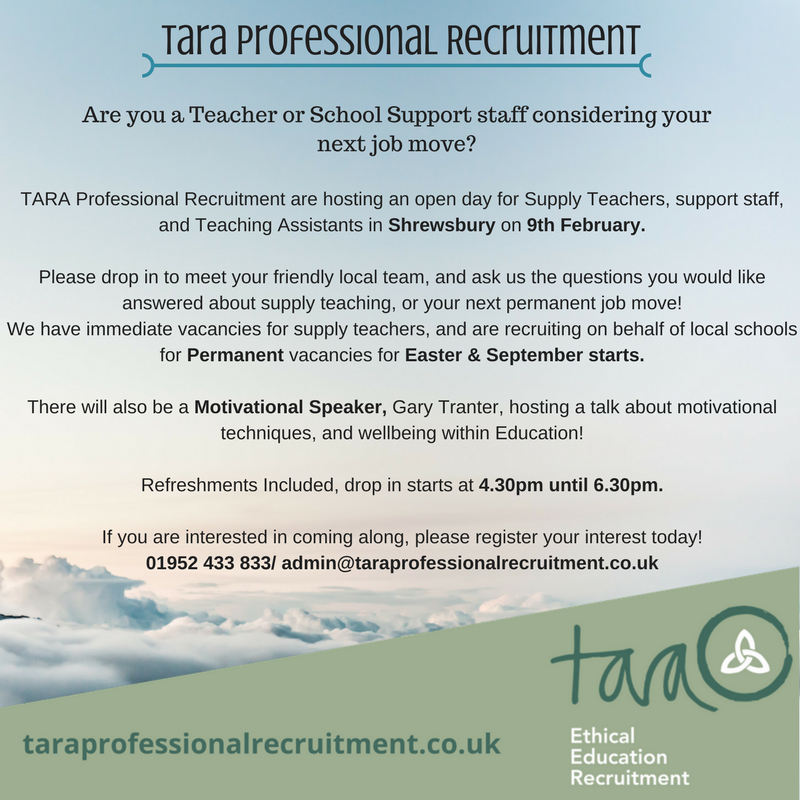TeachWithTara's tweet image. TARA are holding two "drop in" evenings for new candidates that are looking to work in  schools across Shropshire and the  West Midlands