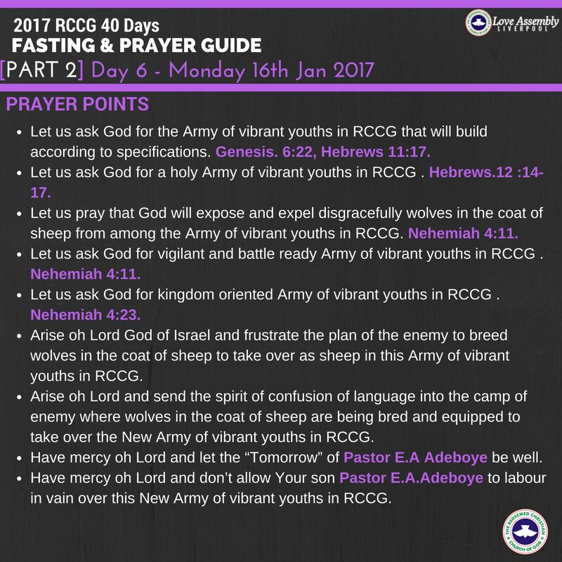 thesarahari's tweet image. 2017 RCCG 40 Days Fasting &amp;amp; Prayer 
Day6 Prayer Points (2 parts)
#RCCGFAST

@LoveAssembly @WuraOlaoye @folaolaoye