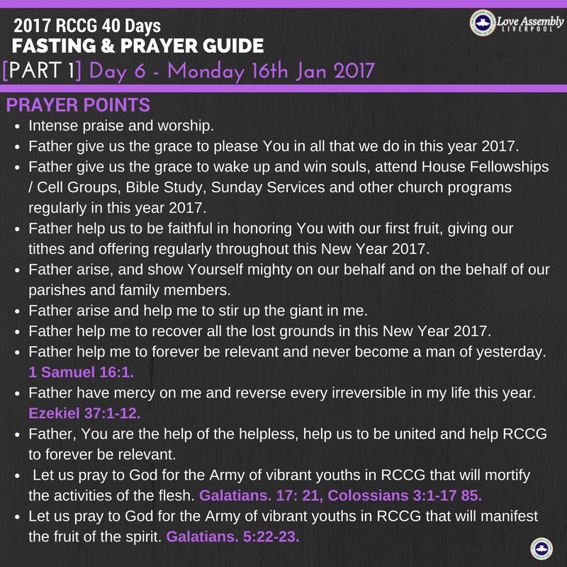 thesarahari's tweet image. 2017 RCCG 40 Days Fasting &amp;amp; Prayer 
Day6 Prayer Points (2 parts)
#RCCGFAST

@LoveAssembly @WuraOlaoye @folaolaoye