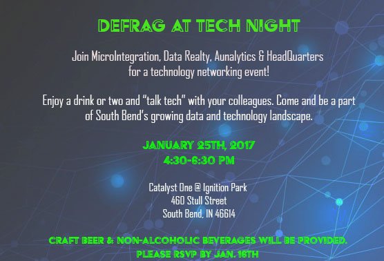 SBendElkhart's tweet photo. Join MicroIntegration, Data Reality, @Aunalytics &amp; @WorkHeadQuarter for a technology networking event 1/25th https://t.co/0X75zHzsf2 https://t.co/zN44NbdQRp