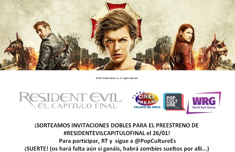 PopCultureEs's tweet image. ¡Preestreno de #ResidentEvilCapítuloFinal en @Cines_Dreams con @sonypictures_es! RT y participa, ¡INV. DOBLES! Y ojo, alerta en @WRG_SZ...