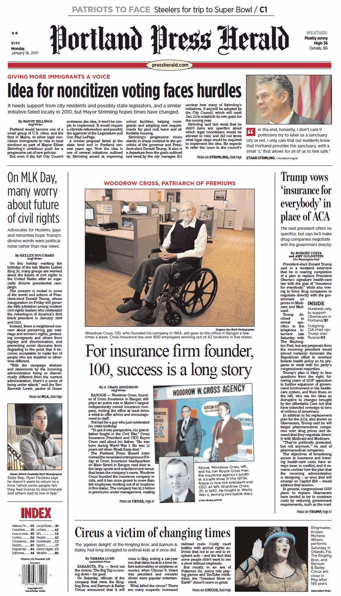 Today's Portland Press Herald front page, Monday, January 16, 2017 ...