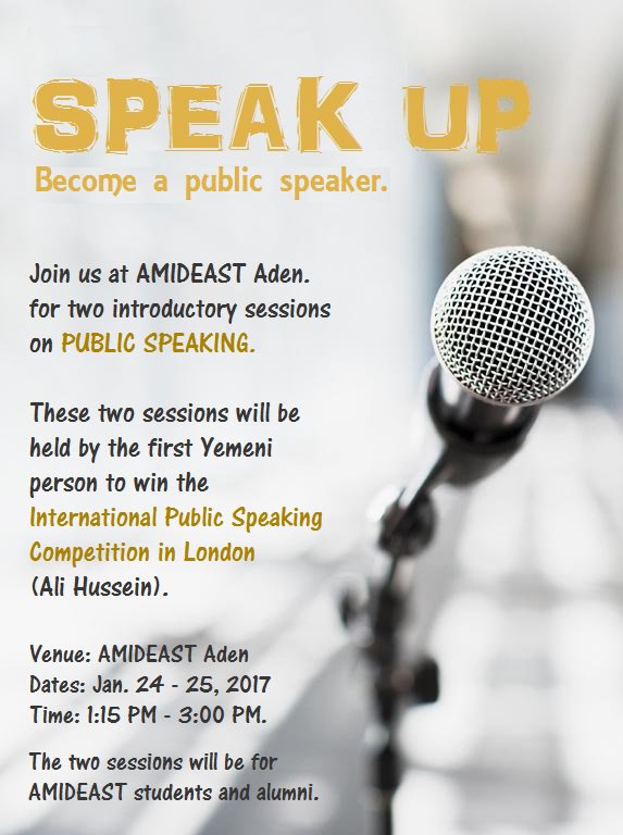 AmideastYemen's tweet photo. AMIDEAST students and alumni are welcome to join two public speaking sessions in Aden, 
#AMIDEASTYemen
#PublicSpeaking
#AMIDEASTAlumni https://t.co/inJLFluSHz