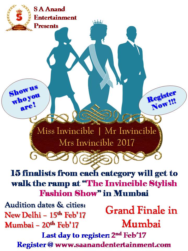 anandentertain's tweet photo. Auditions are open for Mr Invincible, Ms Invincible &amp; Mrs Invincible 2017! Register today @ https://t.co/5cqrn2PQFN https://t.co/zBrJx5QgMg