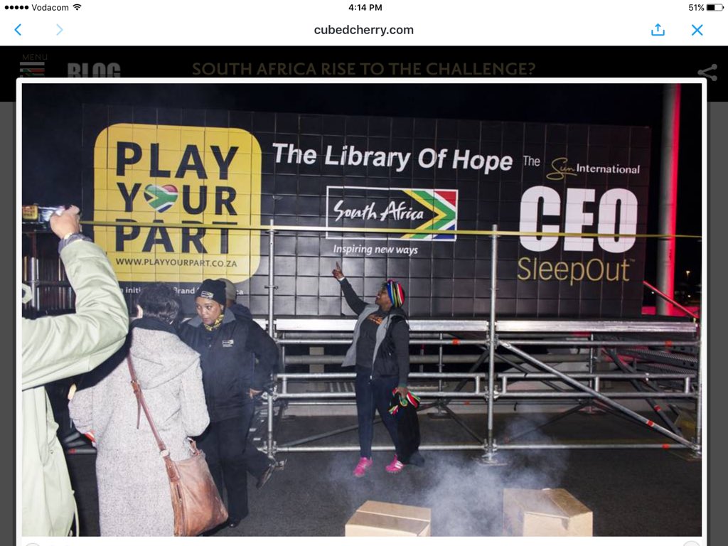 Nkulie14's tweet photo. @SleepOutZA @Abramjee @PlayYourPartSA @ThuliMadonsela3 @Brand_SA @MillionThrills #CEOSleepOut2016 May the #CEOSleepOut2017 be even BIGGER!!. https://t.co/wo5vFv1vPN