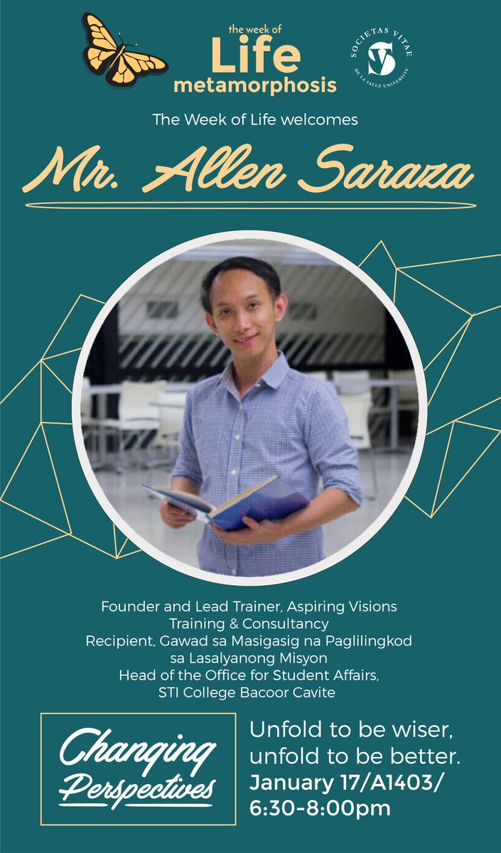 societasvitae's tweet photo. Unfold to be wiser, unfold to be better.
January 17,2017
A1403
6:30-8:00 pm
See you there! https://t.co/gY1p9kM1od