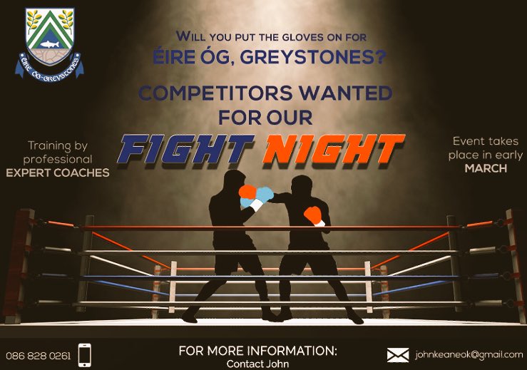 We want fighters! Looking 4a new fun and tough challenge? <a href="/EireOgNCL/">Éire Óg Greystones</a> gaa are looking for fighters 2take part in there fight night call us!