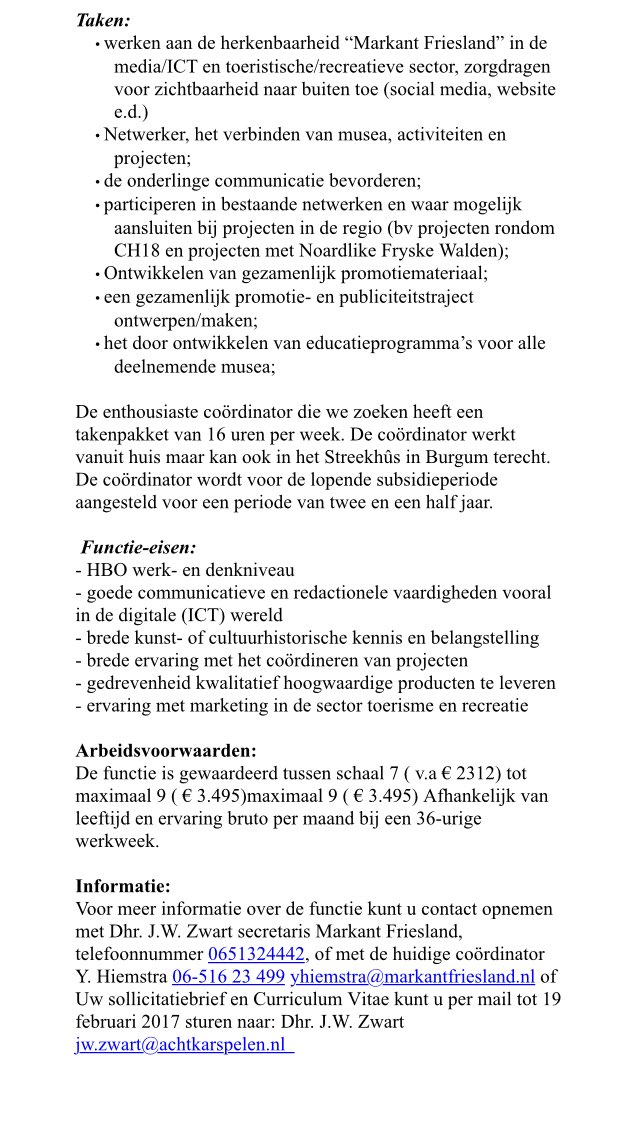 Mooie klus! #vacature #projectcoordinator #musea <a href="/MarkantFRL/">Markant Friesland</a> 16 uur. #dwaande <a href="/eropuitnof/">ErOpUitInFriesland</a>