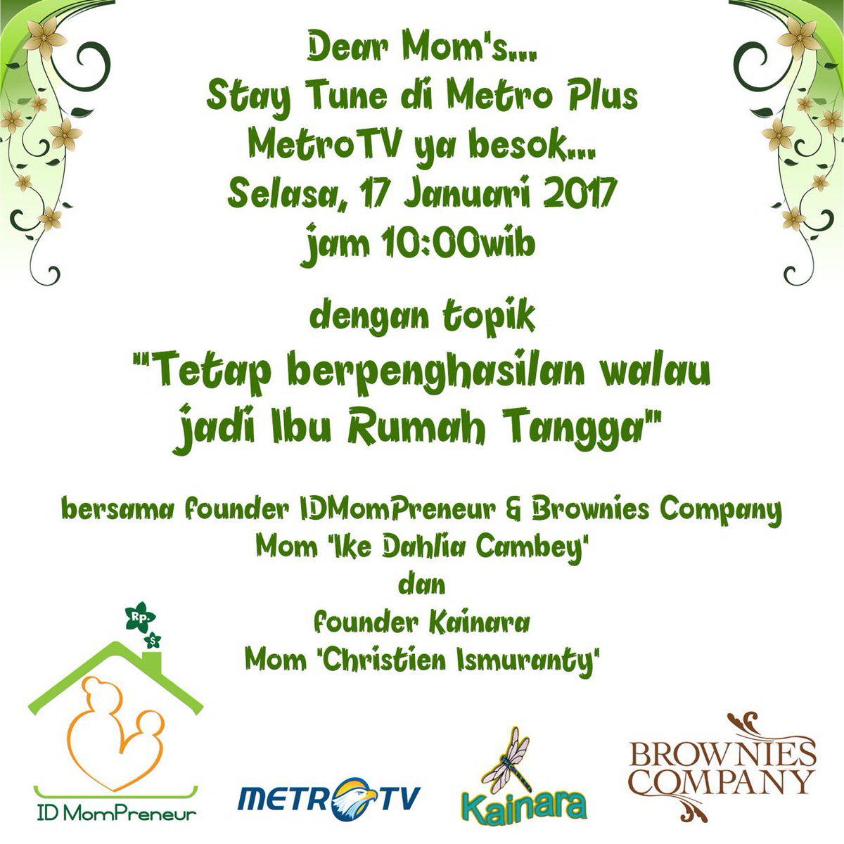 Malam Moms, 
Besok stay tune @MetroTv jam 10 pagi ya.
Kita bertemu di udara dulu sebelum gathering bulan Feb'17 ;)