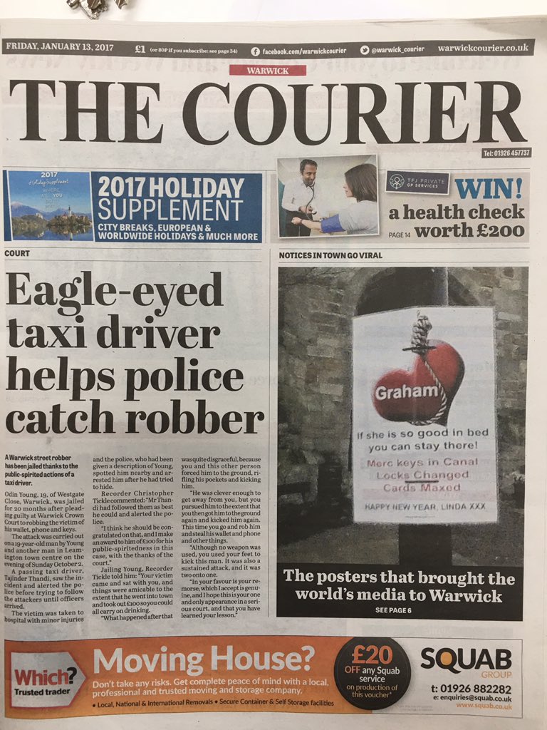throwingrocksuk's tweet photo. #ReadAllAboutIt Sooo we made the front page with our posters #teamlinda thanks @Warwick_Courier https://t.co/RMc4tThlj7