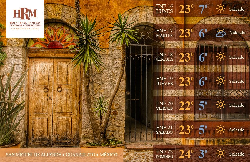 HRealDeMinas's tweet photo. El clima de esta semana para nuestro hermoso San Miguel de Allende ¡Feliz Lunes! #Weather #MexMonday #México https://t.co/cAgAvtbQHZ