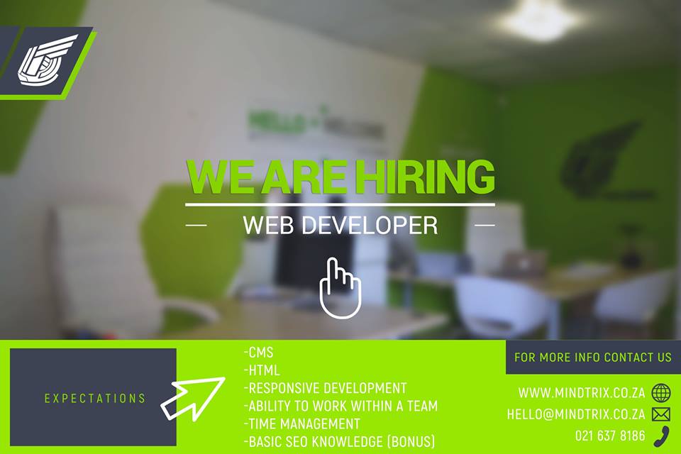 Hi #JobSeekersSA , <a href="/MindTrixMedia/">Mind Trix Media</a> is looking for a Creative Developer to join the team. Email with your portfolio on hello@mindtrix.co.za 👌
