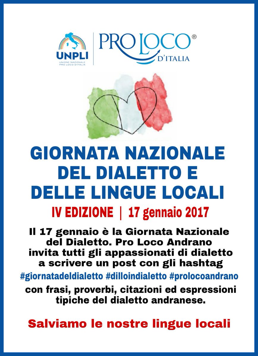 ProlocoAndrano's tweet photo. https://t.co/gIl5TXIMxP
#giornatadeldialetto #dilloindialetto #prolocoandrano https://t.co/N3x3UOvB8M