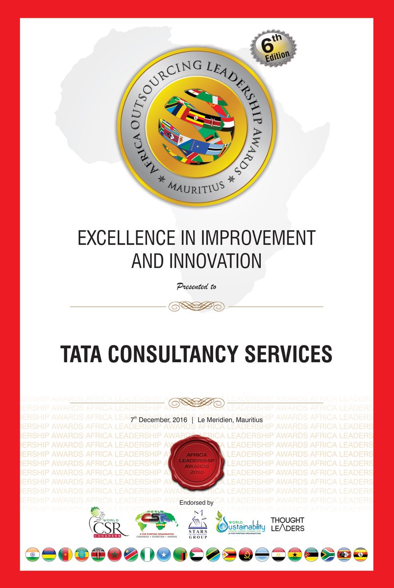 TCSCognitiveBiz's tweet image. Africa #Outsourcing #Leadership identifies TCS BPS as a leader in excellence in Improvement &amp;amp; #Innovation Award category 2016 at @LeMeridien