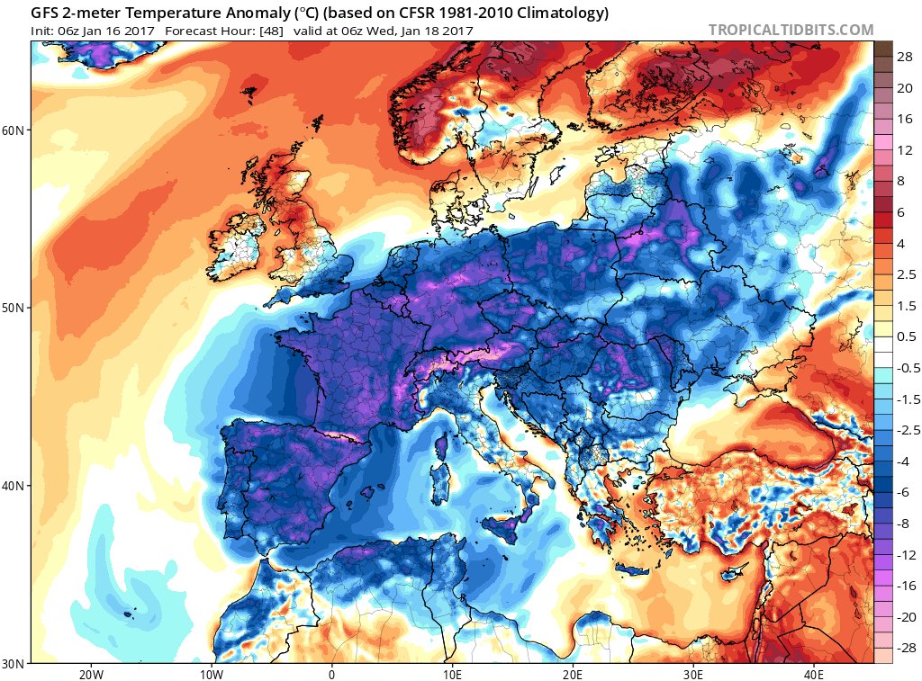 MeteoSE's tweet photo. Tremendo el mapa de la anomalía de la temperatura respecto a la media de estas fechas. Previsión para el miércoles. https://t.co/J362yDCuYp