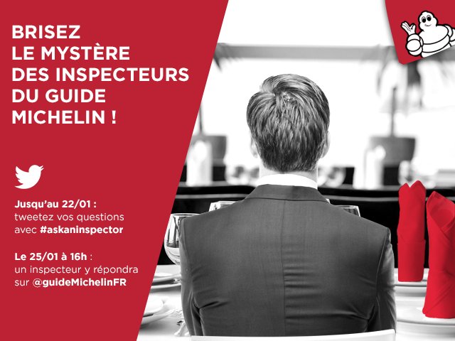 guideMichelinFR's tweet photo. Envie de percer les mystères des inspecteurs du #guideMICHELIN ? Posez vos questions avec #askaninspector, on vous répondra le 25/01 ! https://t.co/h2Wa0pZbfd