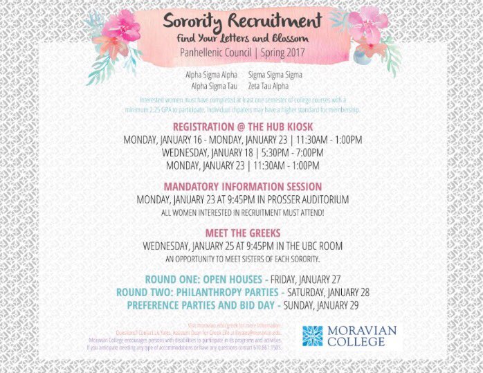 MocoPanhellenic's tweet photo. Sorority Recruitment registration starts TODAY at 11:30 in the HUB! We encourage everyone to find your letters &amp; blossom this Spring!🐞⚓️☠️👑 https://t.co/tIgaMt5ZFE