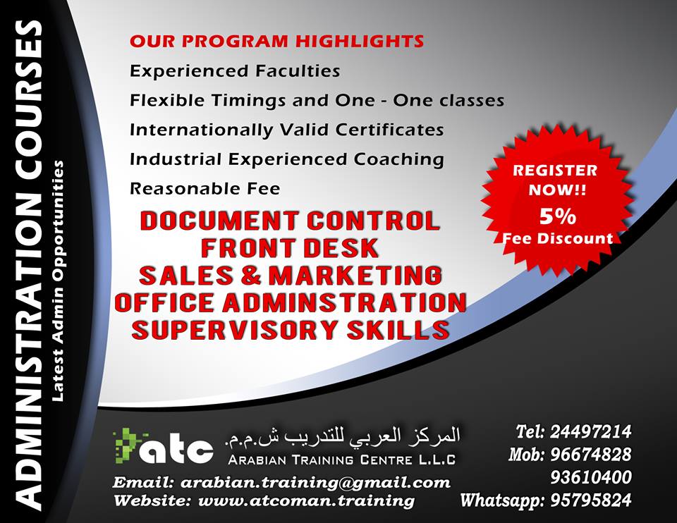 ATC_Oman's tweet photo. ADMINISTRATION COURSES! ENROLL NOW! 
#enroll #educational #Administration #Course #marketing #Sales #skills #frontdesk #document_control https://t.co/47nKjNKPdA