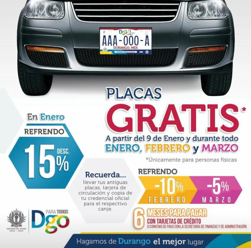 AispuroDurango's tweet photo. Seguirán las placas gratis hasta el 31 de marzo; los duranguenses que pagaron el replaqueo podrán obtener su reintegro en Centros Multipago https://t.co/V1d3utoWpo